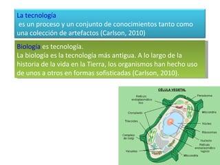 Biología  es tecnología.  La biología es la tecnología más antigua. A lo largo de la historia de la vida en la Tierra, los organismos han hecho uso de unos a otros en formas sofisticadas (Carlson, 2010). La tecnología es un proceso y un conjunto de conocimientos tanto como una colección de artefactos (Carlson, 2010) 
