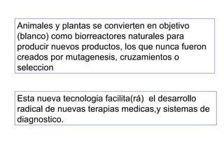 Animales y plantas se convierten en objetivo (blanco) como biorreactores naturales para producir nuevos productos, los que nunca fueron creados por mutagenesis, cruzamientos o seleccion  Esta nueva tecnologia facilita(rá)  el desarrollo radical de nuevas terapias medicas,y sistemas de diagnostico. 
