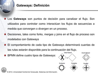 Gateways: Definición



Los Gateways son puntos de decisión para canalizar el flujo. Son
utilizados para controlar como interactúan los flujos de secuencias a
medida que convergen o divergen en un proceso.

Decisiones, tales como forks, merges y joins en el flujo de proceso son
modelados con Gateways

El comportamiento de cada tipo de Gateways determinará cuantas de
las rutas estarán disponible para la continuación del flujo.

BPMN define cuatro tipos de Gateways:




© 2012, Universidad Central de Venezuela. Sistemas de Información.
 
