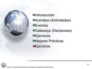 Introducción
                                       Activities (Actividades)
                                       Eventos
                                       Gateways (Decisiones)
                                       Ejercicios
                                       Mejores Prácticas
                                       Ejercicios



                                                                     74
© 2012, Universidad Central de Venezuela. Sistemas de Información.
 