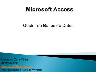 Gestor de Bases de Datos
Alejandro Caro Vélez
@acarovelez
alejocaro17@gmail.com
http://alejocaro17.wix.com/index
 