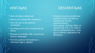 VENTAJAS DESVENTAJAS
• Base de datos relacional
• Buena para pequeños proyectos
• Fácil de usar y de óptimos
resultados
• Se integra con otros programas de
Office
• Maneja el estándar SQL (structured
Query Language)
• Permite generar formularios e
informes (agil y rápido)
• Presenta muchos problemas
cuando la base de datos y
requiere de mucho
mantenimiento
• Solo acepta 1GB por tabla un
máximo de 255 y 35 índices
• No es multiplataforma, (solo
para sistemas operativos de
Windows).
 