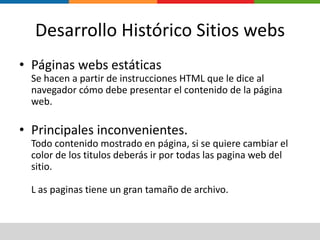 Desarrollo Histórico Sitios websPáginas webs estáticasSe hacen a partir de instrucciones HTML que le dice al navegador cómo debe presentar el contenido de la página web.Principales inconvenientes.Todo contenido mostrado en página, si se quiere cambiar el color de los titulos deberás ir por todas las pagina web del sitio.L as paginas tiene un gran tamaño de archivo.