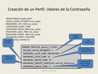 Creación de un Perfil. Valores de la Contraseña
CREATE PROFILE profile LIMIT
[FAILED_LOGIN_ATTEMPTS max_value]
[PASSWORD_LIFE_TIME max_value]
[ {PASSWORD_REUSE_TIME
|PASSWORD_REUSE_MAX} max_value]
[PASSWORD_LOCK_TIME max_value]
[PASSWORD_GRACE_TIME max_value]
[PASSWORD_VERIFY_FUNCTION
{function|NULL|DEFAULT} ]
Intentos
Fallidos
Días
Bloqueados
Duración después
de Vencimiento
Días para
Reutilizar
Comprueba
Complejidad
Días de Gracia
Para Cambio de
Contraseña
Miguel O. Urbina M.
 