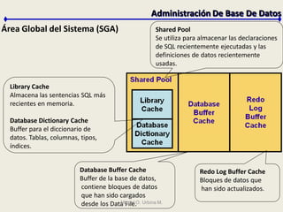 Administración De Base De Datos
Área Global del Sistema (SGA)
Library Cache
Almacena las sentencias SQL más
recientes en memoria.
Database Dictionary Cache
Buffer para el diccionario de
datos. Tablas, columnas, tipos,
índices.
Database Buffer Cache
Buffer de la base de datos,
contiene bloques de datos
que han sido cargados
desde los Data File.
Redo Log Buffer Cache
Bloques de datos que
han sido actualizados.
Shared Pool
Se utiliza para almacenar las declaraciones
de SQL recientemente ejecutadas y las
definiciones de datos recientemente
usadas.
Miguel O. Urbina M.
 
