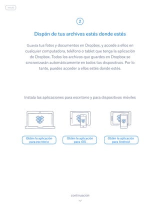 Guarda tus fotos y documentos en Dropbox, y accede a ellos en
cualquier computadora, teléfono o tablet que tenga la aplicación
de Dropbox. Todos los archivos que guardes en Dropbox se
sincronizarán automáticamente en todos tus dispositivos. Por lo
tanto, puedes acceder a ellos estés donde estés.
Dispón de tus archivos estés donde estés
2
Obtén la aplicación
para escritorio
Obtén la aplicación
para iOS
Obtén la aplicación
para Android
continuación
Instala las aplicaciones para escritorio y para dispositivos móviles
inicio
 