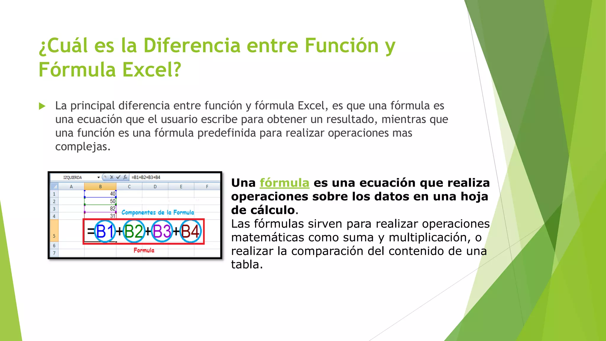 ¿Cuál es la Diferencia entre Función y
Fórmula Excel?
 La principal diferencia entre función y fórmula Excel, es que una fórmula es
una ecuación que el usuario escribe para obtener un resultado, mientras que
una función es una fórmula predefinida para realizar operaciones mas
complejas.
Una fórmula es una ecuación que realiza
operaciones sobre los datos en una hoja
de cálculo.
Las fórmulas sirven para realizar operaciones
matemáticas como suma y multiplicación, o
realizar la comparación del contenido de una
tabla.
 