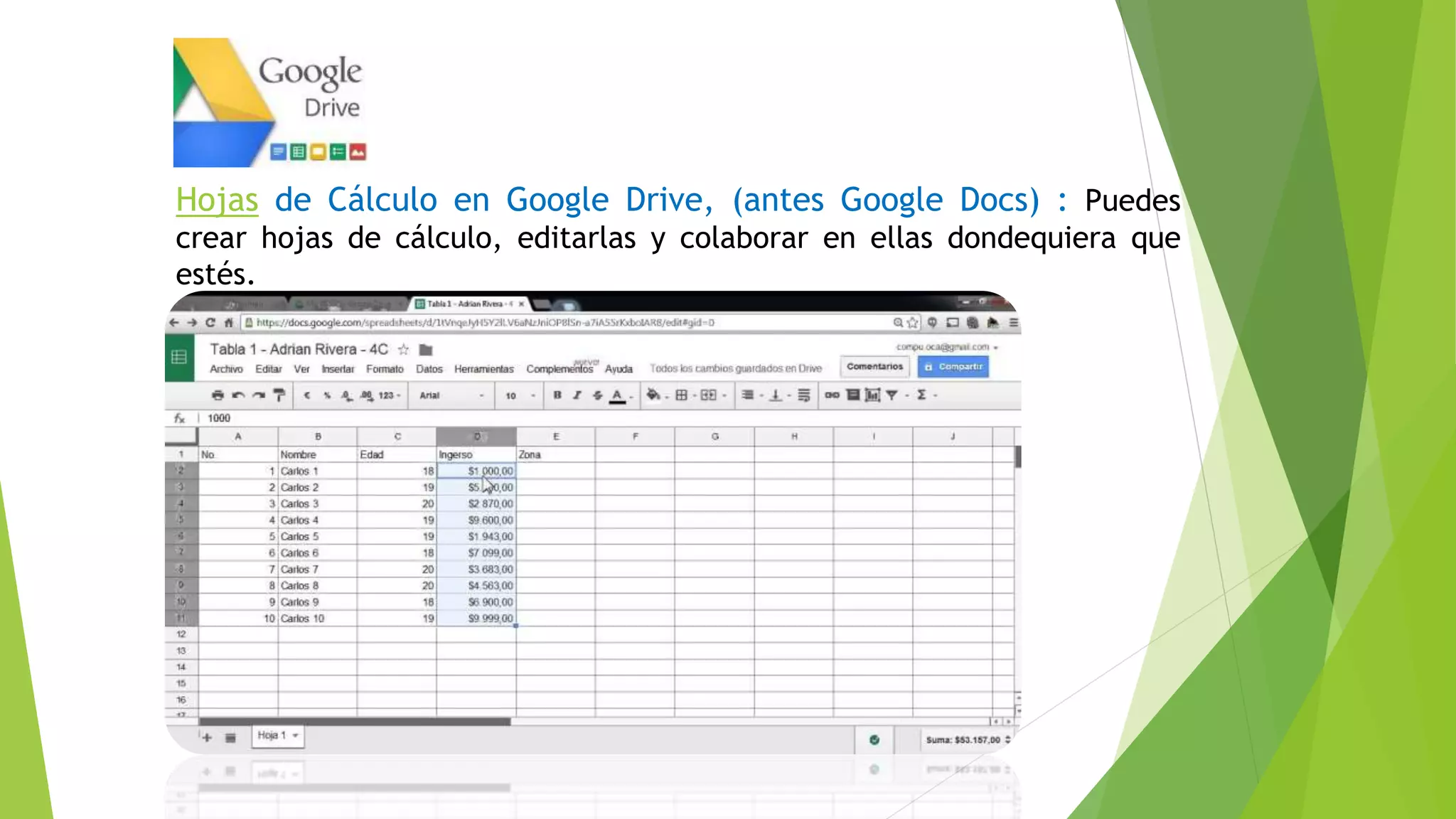 Hojas de Cálculo en Google Drive, (antes Google Docs) : Puedes
crear hojas de cálculo, editarlas y colaborar en ellas dondequiera que
estés.
 