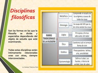 Disciplinas
filosóficas
Son las formas en las que la
filosofía se divide y
especializa dependiendo del
objeto de estudio que esté
examinando.
Todas estas disciplinas están
íntimamente relacionadas
unas con otras, siempre
interconectadas.
Lic. Rodrigo T.Ramírez Peña
 