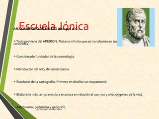 Escuela JónicaANAXIMANDRO DE MILETO (610-546 a. C.)
•-Todo proviene del APEIRON. Materia infinita que se transforma en todas las cosas
conocidas.
•-Considerado fundador de la cosmología.
•-Introductor del reloj de sol en Grecia.
•-Fundador de la cartografía. Primero en diseñar un mapamundi.
•-Elaboró la más temprana obra en prosa en relación al cosmos y a los orígenes de la vida.
•-Astrónomo, geómetra y geógrafo.
Lic. Rodrigo T.Ramírez Peña
 