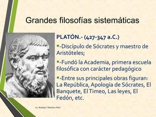 Grandes filosofías sistemáticas
PLATÓN.- (427-347 a.C.)
•-Discípulo de Sócrates y maestro de
Aristóteles;
•-Fundó la Academia, primera escuela
filosófica con carácter pedagógico
•-Entre sus principales obras figuran:
La República, Apología de Sócrates, El
Banquete, ElTimeo, Las leyes, El
Fedón, etc.
Lic. Rodrigo T.Ramírez Peña
 