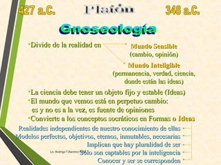 •Divide de la realidad enDivide de la realidad en Mundo SensibleMundo Sensible
(cambio, opinión)(cambio, opinión)
Mundo InteligibleMundo Inteligible
(permanencia, verdad, ciencia,(permanencia, verdad, ciencia,
donde están las ideas)donde están las ideas)
Realidades independientes de nuestro conocimiento de ellasRealidades independientes de nuestro conocimiento de ellas
Modelos perfectos, objetivos, eternos, inmutables, necesariasModelos perfectos, objetivos, eternos, inmutables, necesarias
Implican que hay pluralidad de serImplican que hay pluralidad de ser
Sólo son captables por la inteligenciaSólo son captables por la inteligencia
Conocer y ser se correspondenConocer y ser se corresponden
•La ciencia debe tener un objeto fijo y estable (Ideas)La ciencia debe tener un objeto fijo y estable (Ideas)
•El mundo que vemos está en perpetuo cambio:El mundo que vemos está en perpetuo cambio:
es y no es a la vez, es fuente de opinioneses y no es a la vez, es fuente de opiniones
•Convierte a los conceptos socráticos en Formas oConvierte a los conceptos socráticos en Formas o IdeasIdeas
Lic. Rodrigo T.Ramírez Peña
 