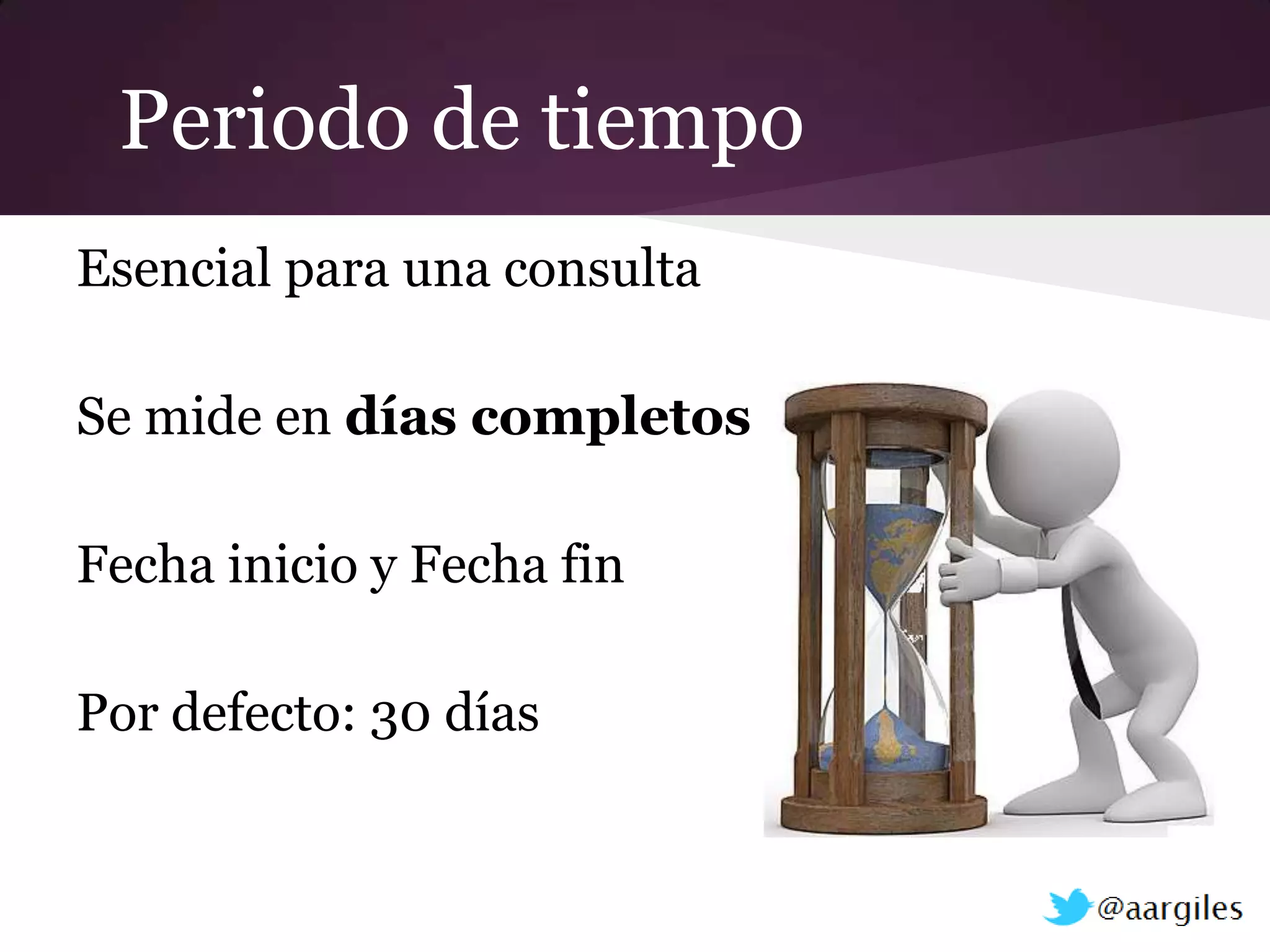 Periodo de tiempo
Esencial para una consulta

Se mide en días completos

Fecha inicio y Fecha fin

Por defecto: 30 días
 