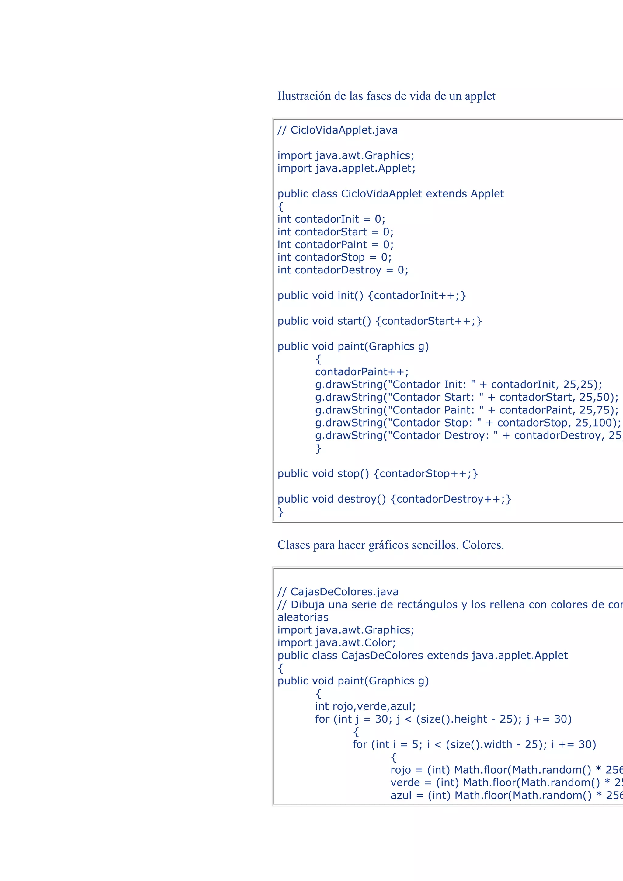 Ilustración de las fases de vida de un applet

// CicloVidaApplet.java

import java.awt.Graphics;
import java.applet.Applet;

public class CicloVidaApplet extends Applet
{
int contadorInit = 0;
int contadorStart = 0;
int contadorPaint = 0;
int contadorStop = 0;
int contadorDestroy = 0;

public void init() {contadorInit++;}

public void start() {contadorStart++;}

public void paint(Graphics g)
        {
        contadorPaint++;
        g.drawString("Contador    Init: " + contadorInit, 25,25);
        g.drawString("Contador    Start: " + contadorStart, 25,50);
        g.drawString("Contador    Paint: " + contadorPaint, 25,75);
        g.drawString("Contador    Stop: " + contadorStop, 25,100);
        g.drawString("Contador    Destroy: " + contadorDestroy, 25,
        }

public void stop() {contadorStop++;}

public void destroy() {contadorDestroy++;}
}


Clases para hacer gráficos sencillos. Colores.


// CajasDeColores.java
// Dibuja una serie de rectángulos y los rellena con colores de com
aleatorias
import java.awt.Graphics;
import java.awt.Color;
public class CajasDeColores extends java.applet.Applet
{
public void paint(Graphics g)
        {
        int rojo,verde,azul;
        for (int j = 30; j < (size().height - 25); j += 30)
                {
                for (int i = 5; i < (size().width - 25); i += 30)
                        {
                        rojo = (int) Math.floor(Math.random() * 256
                        verde = (int) Math.floor(Math.random() * 25
                        azul = (int) Math.floor(Math.random() * 256
 