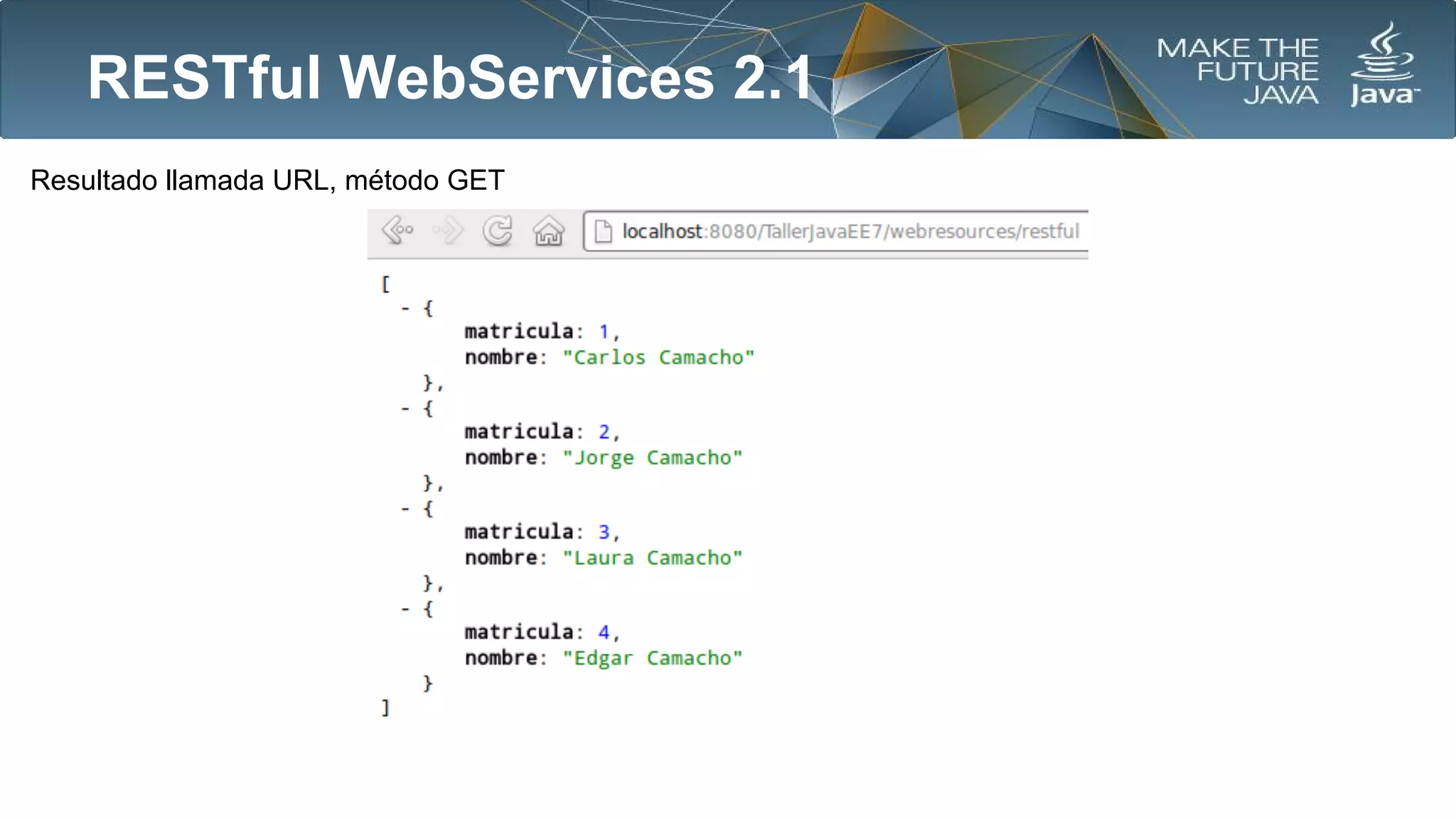 RESTful WebServices 2.1
Resultado llamada URL, método GET

 