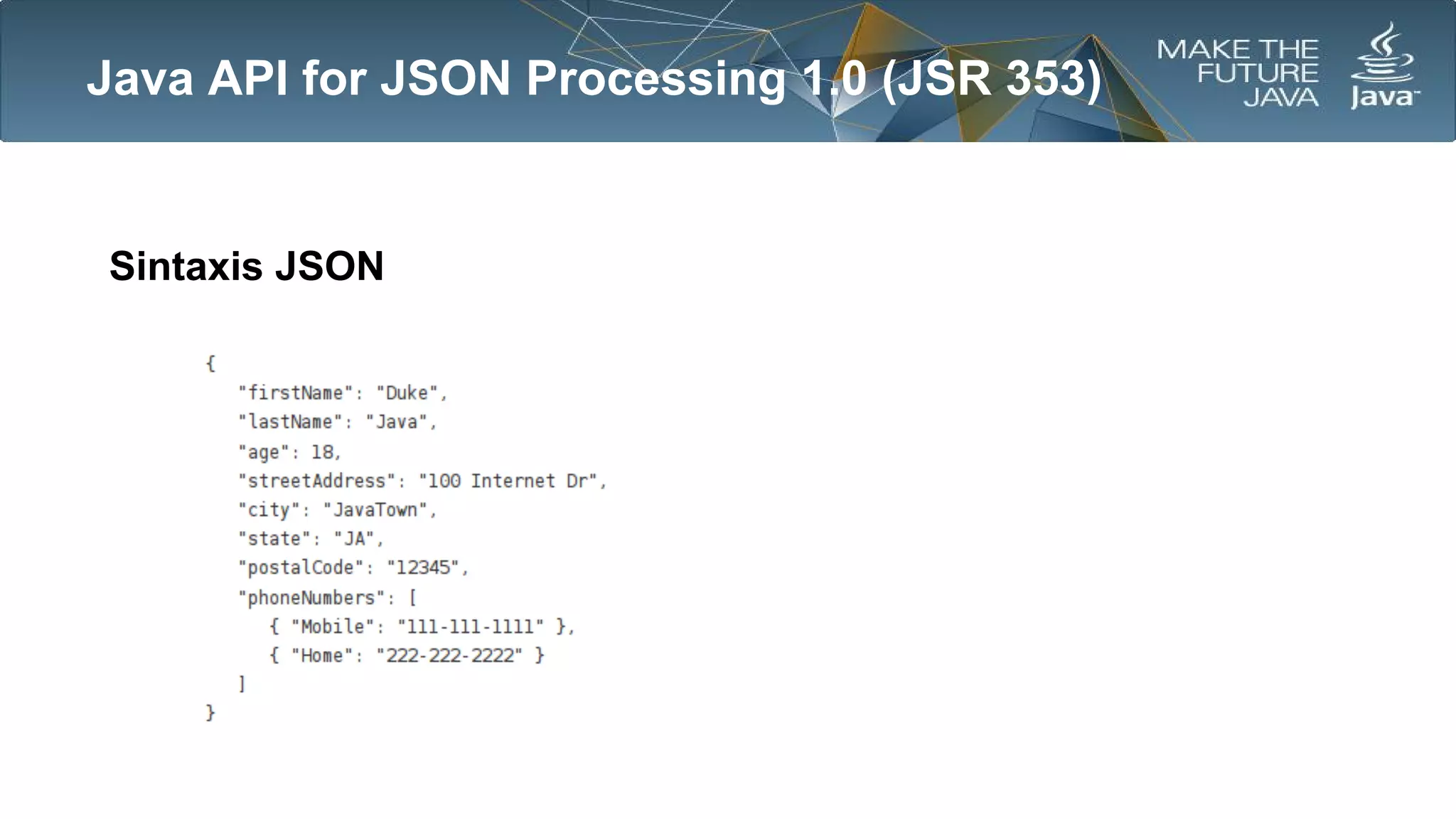 Java API for JSON Processing 1.0 (JSR 353)

Sintaxis JSON

 