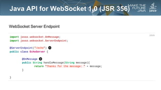 Java API for WebSocket 1.0 (JSR 356)
WebSocket Server Endpoint

 
