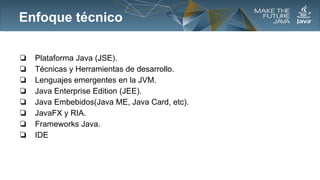Enfoque técnico
❏
❏
❏
❏
❏
❏
❏
❏

Plataforma Java (JSE).
Técnicas y Herramientas de desarrollo.
Lenguajes emergentes en la JVM.
Java Enterprise Edition (JEE).
Java Embebidos(Java ME, Java Card, etc).
JavaFX y RIA.
Frameworks Java.
IDE

 