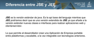 Diferencia entre JSE y JEE

JSE es la versión estándar de java. Es la api base del lenguaje mientras que
JEE podríamos decir que es una versión extendida de JSE ya que añade a la
versión estándar nuevas clases e interfaces para realizar aplicaciones web y
cliente/servidor.
Lo que permite al desarrollador crear una Aplicación de Empresa portable
entre plataformas y escalable, a la vez integrable con tecnologías anteriores.

 
