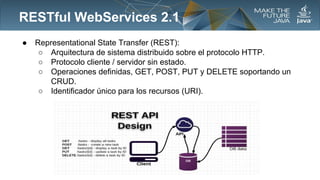 RESTful WebServices 2.1
●

Representational State Transfer (REST):
○ Arquitectura de sistema distribuido sobre el protocolo HTTP.
○ Protocolo cliente / servidor sin estado.
○ Operaciones definidas, GET, POST, PUT y DELETE soportando un
CRUD.
○ Identificador único para los recursos (URI).

 