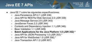 Java EE 7 APIs
●

Java EE 7 cubre las siguientes especificaciones:
○ Java Persistence API 2.1 (JSR 338)
○ Java API for RESTful Web Services 2.0 (JSR 339)
○ Java Message Service 2.0 (JSR 343)
○ JavaServer Faces 2.2 (JSR 344)
○ Contexts and Dependency Injection 1.1 (JSR 346)
○ Bean Validation 1.1 (JSR 349)
○ Batch Applications for the Java Platform 1.0 (JSR 352) *
○ Java API for JSON Processing 1.0 (JSR 353) *
○ Java API for WebSocket 1.0 (JSR 356) *
○ Java Transaction API 1.2 (JSR 907)

 