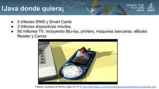 !Java donde quiera¡
●
●
●

5 trillones SIMS y Smart Cards
3 trillones dispositivos móviles.
80 millones TV, incluyendo Blu-ray, printers, maquinas bancarias, eBooks
Reader y Carros

Trillones, representa el término inglés de 10^12, http://www.oracle.com/us/technologies/java/embedded/overview/index.html

 
