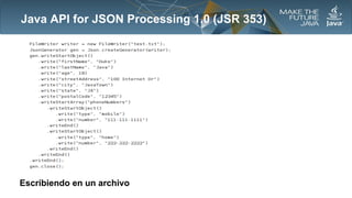 Java API for JSON Processing 1.0 (JSR 353)

Escribiendo en un archivo

 