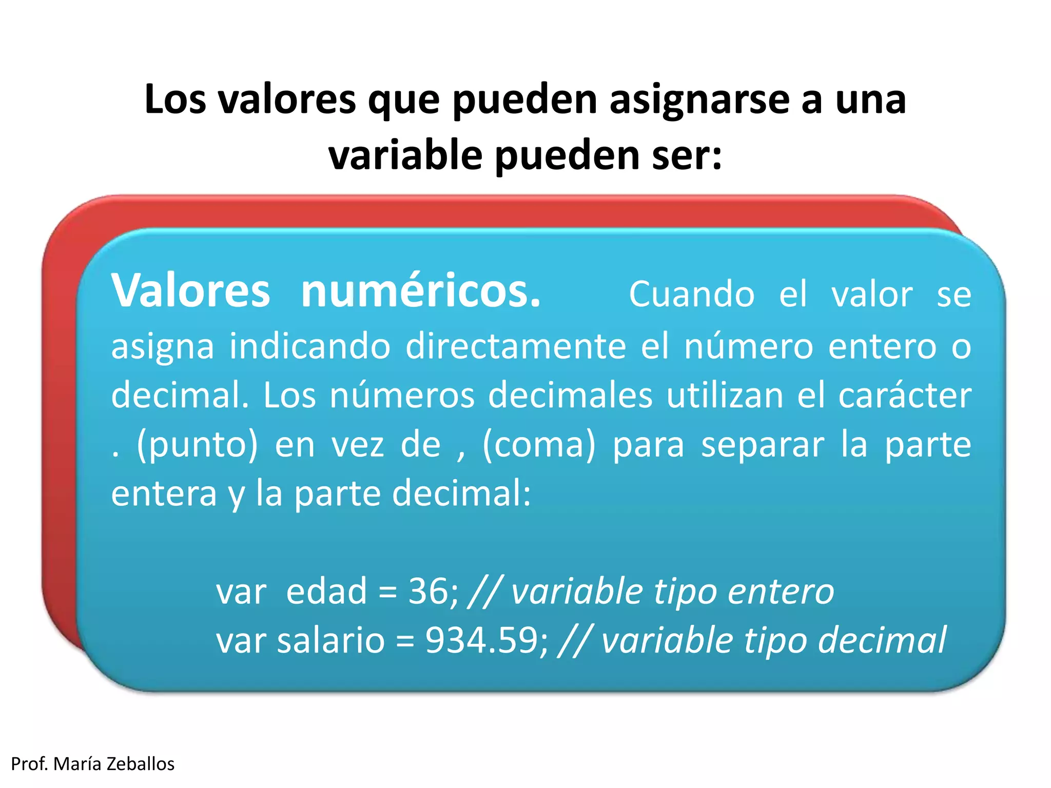 Los valores que pueden asignarse a una
variable pueden ser:
Prof. María Zeballos
No se tienen en cuenta los espacios en blanco y las
nuevas líneas. El intérprete de JavaScript ignora
cualquier espacio en blanco sobrante, por lo que el código
se puede ordenar de forma adecuada para entenderlo
mejor (tabulando las líneas, añadiendo espacios, creando
nuevas líneas, etc.)
Valores numéricos. Cuando el valor se
asigna indicando directamente el número entero o
decimal. Los números decimales utilizan el carácter
. (punto) en vez de , (coma) para separar la parte
entera y la parte decimal:
var edad = 36; // variable tipo entero
var salario = 934.59; // variable tipo decimal
 