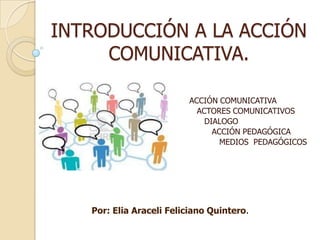 INTRODUCCIÓN A LA ACCIÓN
COMUNICATIVA.
ACCIÓN COMUNICATIVA
ACTORES COMUNICATIVOS
DIALOGO
ACCIÓN PEDAGÓGICA
MEDIOS PEDAGÓGICOS

Por: Elia Araceli Feliciano Quintero.

 
