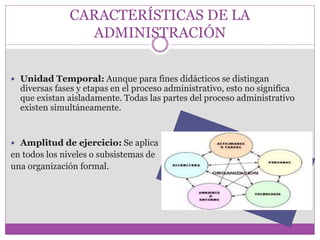 CARACTERÍSTICAS DE LA 
ADMINISTRACIÓN 
 Unidad Temporal: Aunque para fines didácticos se distingan 
diversas fases y etapas en el proceso administrativo, esto no significa 
que existan aisladamente. Todas las partes del proceso administrativo 
existen simultáneamente. 
 Amplitud de ejercicio: Se aplica 
en todos los niveles o subsistemas de 
una organización formal. 
 