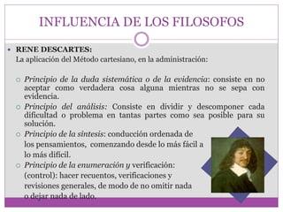 INFLUENCIA DE LOS FILOSOFOS 
 RENE DESCARTES: 
La aplicación del Método cartesiano, en la administración: 
 Principio de la duda sistemática o de la evidencia: consiste en no 
aceptar como verdadera cosa alguna mientras no se sepa con 
evidencia. 
 Principio del análisis: Consiste en dividir y descomponer cada 
dificultad o problema en tantas partes como sea posible para su 
solución. 
 Principio de la síntesis: conducción ordenada de 
los pensamientos, comenzando desde lo más fácil a 
lo más difícil. 
 Principio de la enumeración y verificación: 
(control): hacer recuentos, verificaciones y 
revisiones generales, de modo de no omitir nada 
o dejar nada de lado. 
 