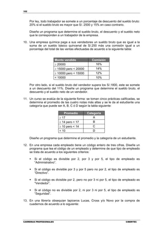 102
CARRERAS PROFESIONALES CIBERTEC
Por ley, todo trabajador se somete a un porcentaje de descuento del sueldo bruto:
20% si el sueldo bruto es mayor que S/. 2500 y 15% en caso contrario.
Diseñe un programa que determine el sueldo bruto, el descuento y el sueldo neto
que le corresponden a un trabajador de la empresa.
10. Una empresa química paga a sus vendedores un sueldo bruto que es igual a la
suma de un sueldo básico quincenal de S/.250 más una comisión igual a un
porcentaje del total de las ventas efectuadas de acuerdo a la siguiente tabla:
Monto vendido Comisión
≥ 20000 16%
≥ 15000 pero < 20000 14%
≥ 10000 pero < 15000 12%
< 10000 10%
Por otro lado, si el sueldo bruto del vendedor supera los S/.1800, este se somete
a un descuento del 11%. Diseñe un programa que determine el sueldo bruto, el
descuento y el sueldo neto de un vendedor.
11. Un curso se evalúa de la siguiente forma: se toman cinco prácticas calificadas, se
determina el promedio de las cuatro notas más altas y se le da al estudiante una
categoría que puede ser A, B, C ó D según la tabla siguiente:
Promedio Categoría
≥ 17 A
≥ 14 pero < 17 B
≥ 10 pero < 14 C
< 10 D
Diseñe un programa que determine el promedio y la categoría de un estudiante.
12. En una empresa cada empleado tiene un código entero de tres cifras. Diseñe un
programa que lea el código de un empleado y determine de que tipo de empleado
se trata de acuerdo a los siguientes criterios:
Si el código es divisible por 2, por 3 y por 5, el tipo de empleado es
“Administrativo”.
Si el código es divisible por 3 y por 5 pero no por 2, el tipo de empleado es
“Directivo”.
Si el código es divisible por 2, pero no por 3 ni por 5, el tipo de empleado es
“Vendedor”.
Si el código no es divisible por 2, ni por 3 ni por 5, el tipo de empleado es
“Seguridad”.
13. En una librería obsequian lapiceros Lucas, Cross y/o Novo por la compra de
cuadernos de acuerdo a lo siguiente:
 