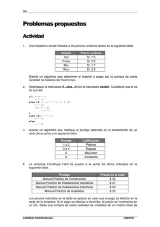 120
CARRERAS PROFESIONALES CIBERTEC
Problemas propuestos
Actividad
1. Una heladería vende helados a los precios unitarios dados en la siguiente tabla:
Helado Precio unitario
Sol S/. 1.5
Fresa S/. 2.0
Mar S/. 1.7
Rico S/. 2.5
Diseñe un algoritmo que determine el importe a pagar por la compra de cierta
cantidad de helados del mismo tipo.
2. Reemplace la estructura if...else...if por la estructura switch. Considere que n es
de tipo int.
if( n == 0 )
z = 1;
else if( n == 7 || n == 4 ){
z = 2;
if( a < b)
z = 7;
}
else if( n == 5 )
z = 5;
else
z = 8;
3. Diseñe un algoritmo que califique el puntaje obtenido en el lanzamiento de un
dado de acuerdo a la siguiente tabla:
Puntaje Calificación
1 ó 2 Pésimo
3 ó 4 Regular
5 Muy bien
6 Excelente
4. La empresa Construya Fácil ha puesto a la venta los libros indicados en la
siguiente tabla:
Puntaje Precio en la sede
Manual Práctico de Construcción $ 30
Manual Práctico de Instalaciones Sanitarias $ 27
Manual Práctico de Instalaciones Eléctricas $ 20
Manual Práctico de Acabados $ 35
Los precios indicados en la tabla se aplican en caso que el pago se efectúe en la
sede de la empresa. Si el pago se efectúa a domicilio, el precio se incrementa en
un 2%. Dada una compra de cierta cantidad de unidades de un mismo título de
 