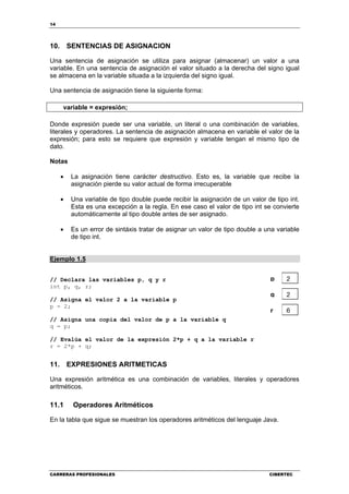 14
CARRERAS PROFESIONALES CIBERTEC
10. SENTENCIAS DE ASIGNACION
Una sentencia de asignación se utiliza para asignar (almacenar) un valor a una
variable. En una sentencia de asignación el valor situado a la derecha del signo igual
se almacena en la variable situada a la izquierda del signo igual.
Una sentencia de asignación tiene la siguiente forma:
variable = expresión;
Donde expresión puede ser una variable, un literal o una combinación de variables,
literales y operadores. La sentencia de asignación almacena en variable el valor de la
expresión; para esto se requiere que expresión y variable tengan el mismo tipo de
dato.
Notas
• La asignación tiene carácter destructivo. Esto es, la variable que recibe la
asignación pierde su valor actual de forma irrecuperable
• Una variable de tipo double puede recibir la asignación de un valor de tipo int.
Esta es una excepción a la regla. En ese caso el valor de tipo int se convierte
automáticamente al tipo double antes de ser asignado.
• Es un error de sintáxis tratar de asignar un valor de tipo double a una variable
de tipo int.
Ejemplo 1.5
// Declara las variables p, q y r
int p, q, r;
// Asigna el valor 2 a la variable p
p = 2;
// Asigna una copia del valor de p a la variable q
q = p;
// Evalúa el valor de la expresión 2*p + q a la variable r
r = 2*p + q;
11. EXPRESIONES ARITMETICAS
Una expresión aritmética es una combinación de variables, literales y operadores
aritméticos.
11.1 Operadores Aritméticos
En la tabla que sigue se muestran los operadores aritméticos del lenguaje Java.
2p
2q
6r
 
