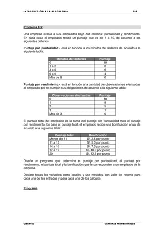 INTRODUCCIÓN A LA ALGORITMIA 159
CIBERTEC CARRERAS PROFESIONALES
Problema 8.2
Una empresa evalúa a sus empleados bajo dos criterios: puntualidad y rendimiento.
En cada caso el empleado recibe un puntaje que va de 1 a 10, de acuerdo a los
siguientes criterios:
Puntaje por puntualidad:- está en función a los minutos de tardanza de acuerdo a la
siguiente tabla:
Minutos de tardanza Puntaje
0 10
1 a 2 8
3 a 5 6
6 a 9 4
Más de 9 0
Puntaje por rendimiento:- está en función a la cantidad de observaciones efectuadas
al empleado por no cumplir sus obligaciones de acuerdo a la siguiente tabla:
Observaciones efectuadas Puntaje
0 10
1 8
2 5
3 1
Más de 3 0
El puntaje total del empleado es la suma del puntaje por puntualidad más el puntaje
por rendimiento. En base al puntaje total, el empleado recibe una bonificación anual de
acuerdo a la siguiente tabla:
Puntaje total Bonificación
Menos de 11 S/. 2.5 por punto
11 a 13 S/. 5.0 por punto
14 a 16 S/. 7.5 por punto
17 a 19 S/. 10.0 por punto
20 S/. 12.5 por punto
Diseñe un programa que determine el puntaje por puntualidad, el puntaje por
rendimiento, el puntaje total y la bonificación que le corresponden a un empleado de la
empresa.
Declare todas las variables como locales y use métodos con valor de retorno para
cada una de las entradas y para cada uno de los cálculos.
Programa
 