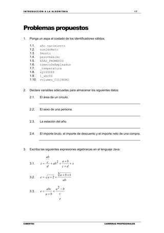 INTRODUCCIÓN A LA ALGORITMIA 17
CIBERTEC CARRERAS PROFESIONALES
Problemas propuestos
1. Ponga un aspa al costado de los identificadores válidos.
1.1. año nacimiento
1.2. sueldoNeto
1.3. $monto
1.4. peso-máximo
1.5. EDAD_PROMEDIO
1.6. númeroDeEmpleados
1.7. _temperatura
1.8. xy1$$$$$
1.9. 1_abc$$
1.10. volumen_CILINDRO
2. Declare variables adecuadas para almacenar los siguientes datos:
2.1. El área de un círculo.
____________________________________________________________
2.2. El sexo de una persona.
____________________________________________________________
2.3. La estación del año.
____________________________________________________________
2.4. El importe bruto, el importe de descuento y el importe neto de una compra.
____________________________________________________________
3. Escriba las siguientes expresiones algebraicas en el lenguaje Java:
3.1. x
dc
ba
ab
d
c
ab
z +
+
+
++= 2
3.2.
ab
ba
ae
3 1
2
++
++=
3.3.
e
c
ba
ba
abc
e
−
+
+
=
2
 