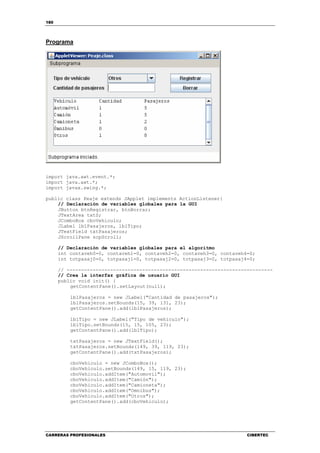180
CARRERAS PROFESIONALES CIBERTEC
Programa
import java.awt.event.*;
import java.awt.*;
import javax.swing.*;
public class Peaje extends JApplet implements ActionListener{
// Declaración de variables globales para la GUI
JButton btnRegistrar, btnBorrar;
JTextArea txtS;
JComboBox cboVehiculo;
JLabel lblPasajeros, lblTipo;
JTextField txtPasajeros;
JScrollPane scpScroll;
// Declaración de variables globales para el algoritmo
int contaveh0=0, contaveh1=0, contaveh2=0, contaveh3=0, contaveh4=0;
int totpasaj0=0, totpasaj1=0, totpasaj2=0, totpasaj3=0, totpasaj4=0;
// -----------------------------------------------------------------------
// Crea la interfaz gráfica de usuario GUI
public void init() {
getContentPane().setLayout(null);
lblPasajeros = new JLabel("Cantidad de pasajeros");
lblPasajeros.setBounds(15, 39, 131, 23);
getContentPane().add(lblPasajeros);
lblTipo = new JLabel("Tipo de vehículo");
lblTipo.setBounds(15, 15, 105, 23);
getContentPane().add(lblTipo);
txtPasajeros = new JTextField();
txtPasajeros.setBounds(149, 39, 119, 23);
getContentPane().add(txtPasajeros);
cboVehiculo = new JComboBox();
cboVehiculo.setBounds(149, 15, 119, 23);
cboVehiculo.addItem("Automovil");
cboVehiculo.addItem("Camión");
cboVehiculo.addItem("Camioneta");
cboVehiculo.addItem("Omnibus");
cboVehiculo.addItem("Otros");
getContentPane().add(cboVehiculo);
 