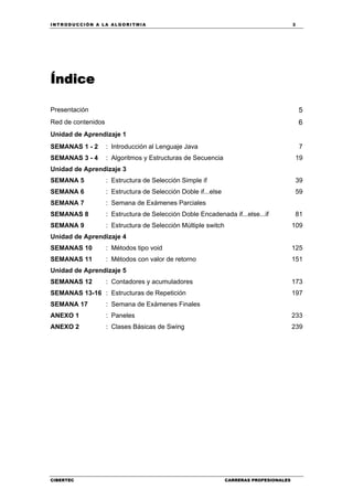 INTRODUCCIÓN A LA ALGORITMIA 3
CIBERTEC CARRERAS PROFESIONALES
Índice
Presentación 5
Red de contenidos 6
Unidad de Aprendizaje 1
SEMANAS 1 - 2 : Introducción al Lenguaje Java 7
SEMANAS 3 - 4 : Algoritmos y Estructuras de Secuencia 19
Unidad de Aprendizaje 3
SEMANA 5 : Estructura de Selección Simple if 39
SEMANA 6 : Estructura de Selección Doble if...else 59
SEMANA 7 : Semana de Exámenes Parciales
SEMANAS 8 : Estructura de Selección Doble Encadenada if...else...if 81
SEMANA 9 : Estructura de Selección Múltiple switch 109
Unidad de Aprendizaje 4
SEMANAS 10 : Métodos tipo void 125
SEMANAS 11 : Métodos con valor de retorno 151
Unidad de Aprendizaje 5
SEMANAS 12 : Contadores y acumuladores 173
SEMANAS 13-16 : Estructuras de Repetición 197
SEMANA 17 : Semana de Exámenes Finales
ANEXO 1 : Paneles 233
ANEXO 2 : Clases Básicas de Swing 239
 