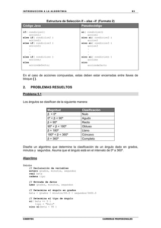 INTRODUCCIÓN A LA ALGORITMIA 83
CIBERTEC CARRERAS PROFESIONALES
Estructura de Selección if – else –if (Formato 2)
Código Java Pseudocódigo
if( condicion1)
accion1;
else if( condicion2 )
accion2;
else if( condicion3 )
accion3;
.
.
.
else if( condicionn )
accionn;
else
acciondefecto;
si( condicion1)
accion1
sino si( condicion2 )
accion2
sino si( condicion3 )
accion3
.
.
.
sino si( condicionn )
accionn
sino
acciondefecto
En el caso de acciones compuestas, estas deben estar encerradas entre llaves de
bloque { }.
2. PROBLEMAS RESUELTOS
Problema 5.1
Los ángulos se clasifican de la siguiente manera:
Magnitud Clasificación
β = 0º Nulo
0º < β < 90º Agudo
β = 90º Recto
90º < β < 180º Obtuso
β = 180º Llano
180º < β < 360º Cóncavo
β = 360º Completo
Diseñe un algoritmo que determine la clasificación de un ángulo dado en grados,
minutos y segundos. Asuma que el ángulo está en el intervalo de 0º a 360º.
Algoritmo
Inicio
// Declaración de variables
entero grados, minutos, segundos
real beta
cadena tipo
// Entrada de datos
Leer grados, minutos, segundos
// Determina el ángulo en grados
beta = grados + minutos/60.0 + segundos/3600.0
// Determina el tipo de ángulo
si( beta == 0 )
tipo = "Nulo"
sino si(beta < 90 )
 