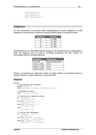 INTRODUCCIÓN A LA ALGORITMIA 89
CIBERTEC CARRERAS PROFESIONALES
txtH2.setText("");
txtM2.setText("");
txtS.setText("");
txtH1.requestFocus();
}
}
}
Problema 5.3
En una universidad, los alumnos están categorizados en cuatro categorías. A cada
categoría le corresponde una pensión mensual distinta dada en la siguiente tabla:
Categoría Pensión
A S/. 550
B S/. 500
C S/. 460
D S/. 400
Semestralmente, la universidad efectúa rebajas en las pensiones de sus estudiantes a
partir del segundo ciclo en base al promedio ponderado del ciclo anterior en
porcentajes dados en la tabla siguiente:
Promedio Descuento
0 a13.99 No hay descuento
14.00 a 15.99 10 %
16.00 a 17.99 12 %
18.00 a 20.00 15 %
Diseñe un programa que determine cuánto de rebaja recibirá un estudiante sobre su
pensión actual y a cuánto asciende su nueva pensión.
Algoritmo
Inicio
// Declaración de variables
entero categoria
real actualpen, nuevapen, descuento, promedio
// Entrada de datos
Leer categoria, promedio
// Cálculo de la pensión actual
si( categoria == 0 )
actualpen = 550
sino si ( categoria == 1 )
actualpen = 500
sino si ( categoria == 2 )
actualpen = 460
sino
actualpen = 400
// Cálculo del descuento
si( promedio <= 13.99 )
descuento = 0
sino si( promedio <= 15.99 )
descuento = 0.10*actualpen
sino si( promedio <= 17.99 )
descuento = 0.12*actualpen
 