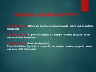 POSICIONES ANATOMICAS (DECÚBITO)
• Decúbito dorsal: Dorso del cuerpo humano apoyada sobre una superficie
Horizontal.
•Decúbito ventral: Superficie anterior del cuerpo humano apoyada sobre
una superficie Horizontal.
•Decúbito lateral: derecho e izquierdo.
Superficie lateral (derecho e izquierdo) del cuerpo humano apoyada sobre
una superficie Horizontal.
 