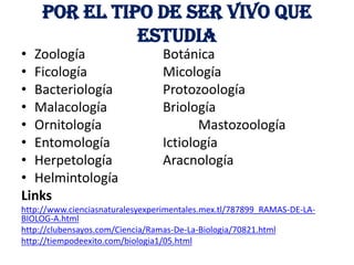 Por el tipo de ser vivo que
               estudia
• Zoología                       Botánica
• Ficología                      Micología
• Bacteriología                  Protozoología
• Malacología                    Briología
• Ornitología                           Mastozoología
• Entomología                    Ictiología
• Herpetología                   Aracnología
• Helmintología
Links
http://www.cienciasnaturalesyexperimentales.mex.tl/787899_RAMAS-DE-LA-
BIOLOG-A.html
http://clubensayos.com/Ciencia/Ramas-De-La-Biologia/70821.html
http://tiempodeexito.com/biologia1/05.html
 