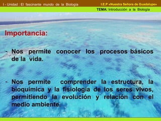I - Unidad : El fascinante mundo de la Biología
TEMA: Introducción a la Biología
I.E.P «Nuestra Señora de Guadalupe»
Importancia:
- Nos permite conocer los procesos básicos
de la vida.
- Nos permite comprender la estructura, la
bioquímica y la fisiología de los seres vivos,
permitiendo la evolución y relación con el
medio ambiente.
 