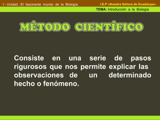 Consiste en una serie de pasos
rigurosos que nos permite explicar las
observaciones de un determinado
hecho o fenómeno.
I - Unidad : El fascinante mundo de la Biología
TEMA: Introducción a la Biología
I.E.P «Nuestra Señora de Guadalupe»
 
