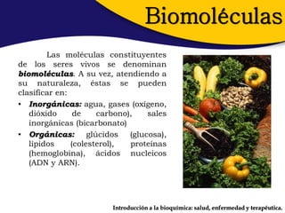 Biomoléculas
        Las moléculas constituyentes
de los seres vivos se denominan
biomoléculas. A su vez, atendiendo a
su naturaleza, éstas se pueden
clasificar en:
• Inorgánicas: agua, gases (oxígeno,
   dióxido      de     carbono),    sales
   inorgánicas (bicarbonato)
• Orgánicas:        glúcidos   (glucosa),
   lípidos     (colesterol),   proteínas
   (hemoglobina), ácidos nucleicos
   (ADN y ARN).




                          Introducción a la bioquímica: salud, enfermedad y terapéutica.
 