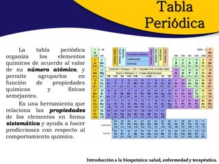 Tabla
                                                              Periódica
     La    tabla      periódica
organiza     los     elementos
químicos de acuerdo al valor
de su número atómico, y
permite     agruparlos        en
función    de      propiedades
químicas         y       físicas
semejantes.
     Es una herramienta que
relaciona las propiedades
de los elementos en forma
sistemática y ayuda a hacer
predicciones con respecto al
comportamiento químico.



                                   Introducción a la bioquímica: salud, enfermedad y terapéutica.
 