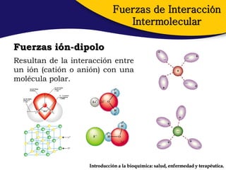 Fuerzas de Interacción
                                 Intermolecular

Fuerzas ión-dipolo
Resultan de la interacción entre
un ión (catión o anión) con una
molécula polar.




                    Introducción a la bioquímica: salud, enfermedad y terapéutica.
 
