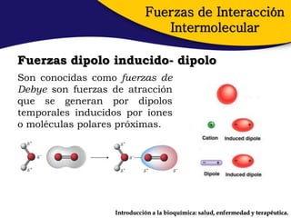 Fuerzas de Interacción
                               Intermolecular

Fuerzas dipolo inducido- dipolo
Son conocidas como fuerzas de
Debye son fuerzas de atracción
que se generan por dipolos
temporales inducidos por iones
o moléculas polares próximas.




                  Introducción a la bioquímica: salud, enfermedad y terapéutica.
 