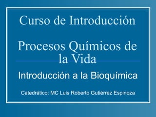 Curso de Introducción
Procesos Químicos de
       la Vida
Introducción a la Bioquímica
Catedrático: MC Luis Roberto Gutiérrez Espinoza
 