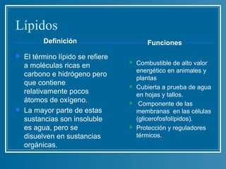 Lípidos
          Definición                      Funciones
   El término lípido se refiere
    a moléculas ricas en
                                      Combustible de alto valor
                                       energético en animales y
    carbono e hidrógeno pero
                                       plantas
    que contiene                      Cubierta a prueba de agua
    relativamente pocos                en hojas y tallos.
    átomos de oxígeno.                 Componente de las
   La mayor parte de estas            membranas en las células
    sustancias son insoluble           (glicerofosfolípidos).
    es agua, pero se                  Protección y reguladores
    disuelven en sustancias            térmicos.
    orgánicas.
 